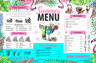 Hand drawing summer menu design with flamingo and tropic leaves. Restaurant menu