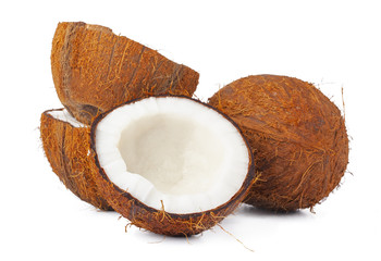 broken coconut on a white background close up
