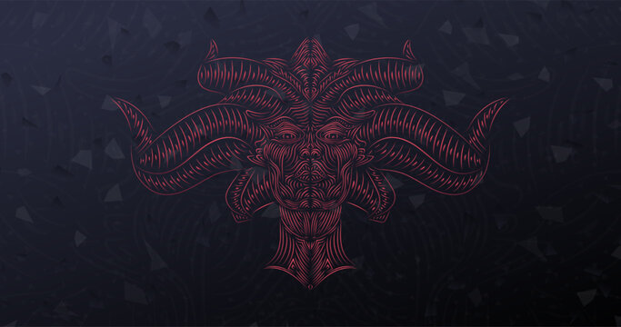 Diablo Lilith, Demonic angel magic woman with horns. Tattoo art, t-shirt design, coloring book page. Vintage vector on dark background. Goddess, mythical character