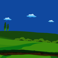 Obraz premium Background - Green Landscape with Clouds - Cartoon Vector Image