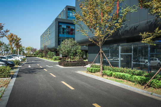 Alley with office buildings in modern Budapest area