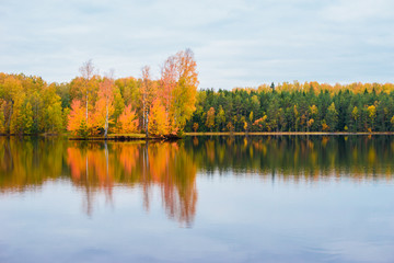 Obraz premium Beautiful autumn landscape. Reflection of the autumn forest in the lake.