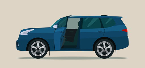 SUV car with open driver's and passenger doors. Vector illustration.