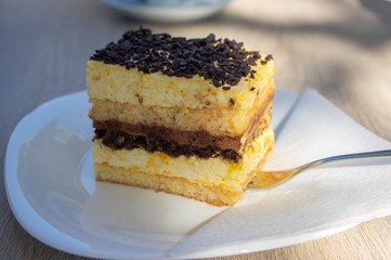 Delicious slovenia cake on white plate called Izolanka, veri tasty dessert with chocolate and orange, metallic spoon
