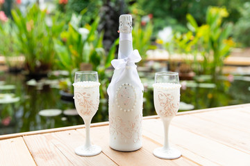 Wedding decoration of champagne bottles