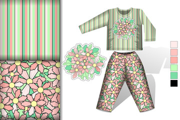 Two seamless patterns with pastel colors flowers and stripes pajamas mockup, design concept for fabric and print paper