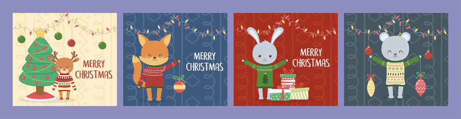 merry christmas celebration cute animals with sweater tree gifts balls lights banner
