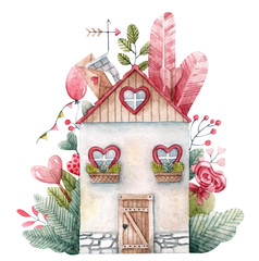 Watercolor isolated illustration for Valentine's day card. Cute house with hearts.