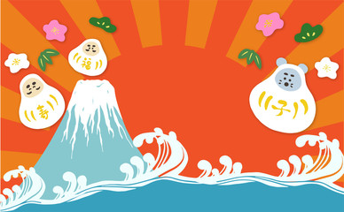 新年の富士山と波の手描きイラスト素材　ベクター　子年　2020　年賀状　正月　だるま　松竹梅