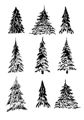 set of hand drawn winter trees