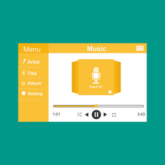 Music player app interface vector color template. Media player navigation screen. Flat UI, GUI. Playing audio, radio