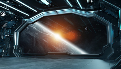 Dark blue spaceship futuristic interior with window view on planet Earth 3d rendering © sdecoret