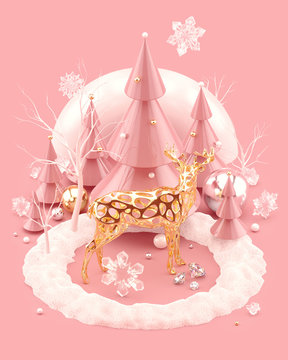 Christmas 3D illustration with golden Reindeer and festive Christmas trees. Abstract composition isolated on pink background. 3d rendering.
