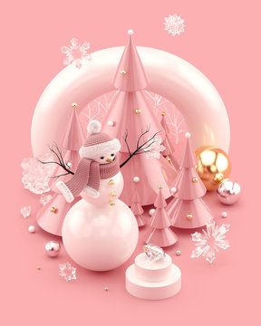 Christmas illustration with cute snowman, Christmas trees, and snowflakes. Xmas template for posters, covers, and banners. 3D rendering.