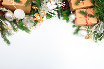 Christmas composition. Gifts, fir tree branches. Christmas, winter, new year concept. Flat lay, top view, copy space - Image