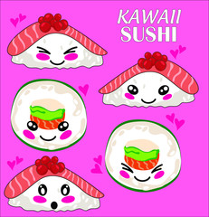 Funny sushi characters. Kawaii sushi with cute faces. Happy sushi characters. Asian   Japanese food, vector illustration.