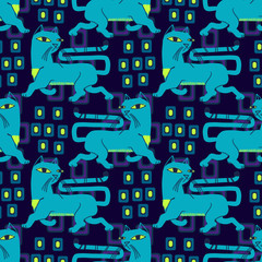 Abstract seamless vector animal pattern for girls, boys, clothes. Creative background with Cat ,Funny wallpaper for textile and fabric. Fashion style. Colorful bright