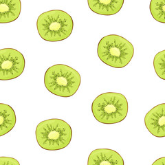 Seamless food vector pattern. Cartoon hand drawn kiwi slices on white background. Flat illustration for textile, wallpaper, wrapping paper, cosmetics, packaging for face masks. Color tropical fruit