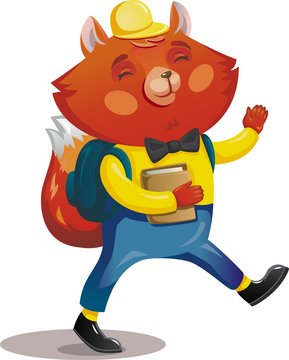 The student goes to school, the Fox with a satchel and textbooks in his hands goes to school to study. Vector illustration