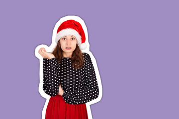 Portrait of disappointed pissed cute female in dress. Magazine collage style with trendy color background. holiday concept