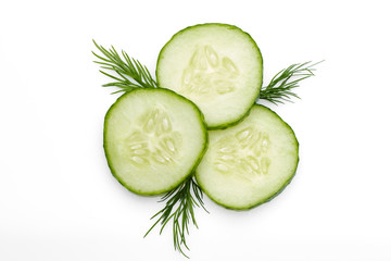 fresh cucumber slice with dill, isolated on a white background. top view