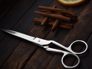 still life scissors sartorial orange slices and cinnamon sticks
