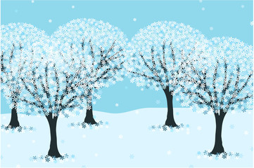 Hand drawn snowy winter vector landscape background. 