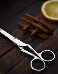 still life scissors sartorial orange slices and cinnamon sticks