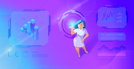 Businesswoman operates Virtual interface Ultraviolet Vector illustration. Future technology concept.