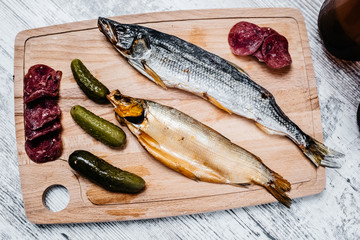beer snacks on a wooden Board