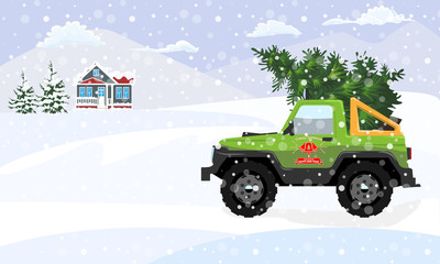 Fir tree delivery with offroad and winter landscape. Flat and solid color christmas tree. illustration.