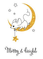 Mouse on a crescent with star, greeting card for your design, vector illustration 10eps