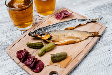 beer snacks on a wooden Board