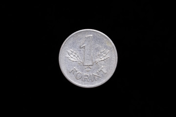 Old Hungarian People's Republic 1 Forint, 1 HUF coin from 1969, reverse. Isolated on black background