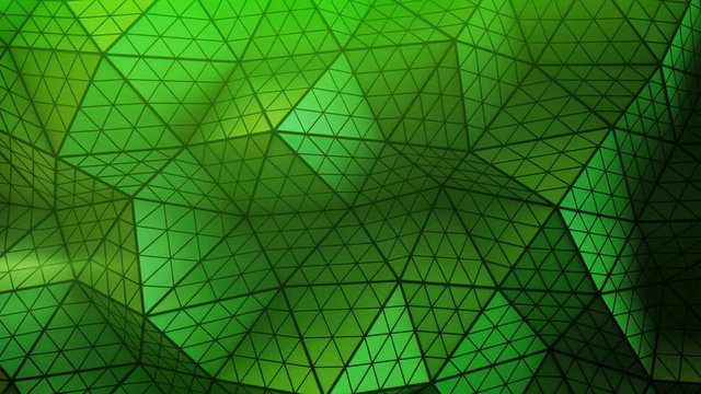Green polygonal wall geometric distorted. Low poly triangulated surface with sharp edges. Computer generated abstract motion background. Seamless loop 3D render animation 4k UHD 3840x2160