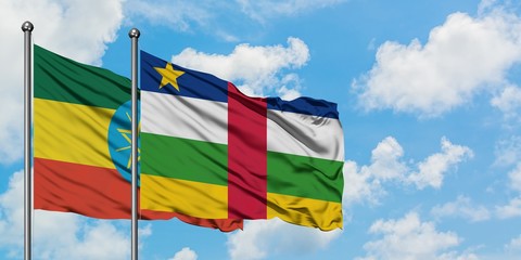 Ethiopia and Central African Republic flag waving in the wind against white cloudy blue sky together. Diplomacy concept, international relations.