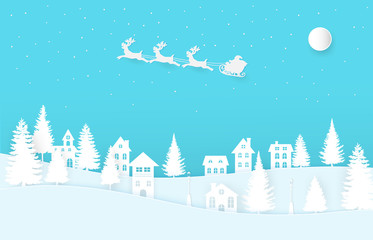 Fototapeta na wymiar Winter landscape with houses and trees.Santa Claus on the sky in winter season.Merry Christmas and Happy New Year. paper art design.Vector EPS 10.
