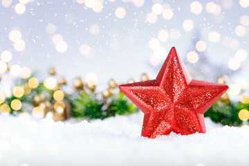 Christmas red star and decoration on abstract background