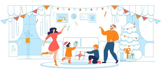 Christmas and New Year Family Celebration Cartoon
