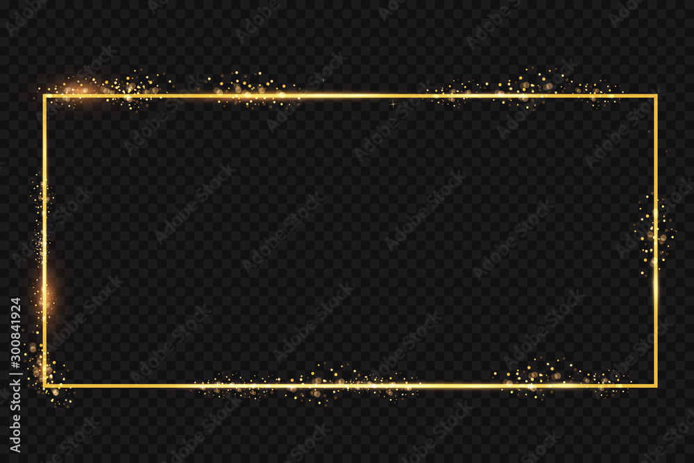 Aufkleber  Golden frame with lights effects. Shining rectangle banner. Isolated on black transparent background. Vector illustration, eps 10