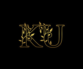 Golden letter K and U, KU vintage decorative ornament emblem badge, overlapping monogram logo, elegant luxury gold color on black background.