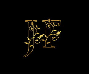 Classy letter J and F, JF  vintage decorative ornament emblem badge, overlapping monogram logo, elegant luxury gold color on black background.