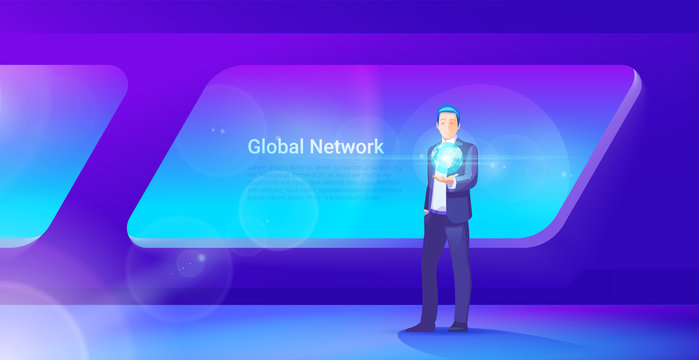 Future Global Communications Technology Concept. Businessman Holding Holographic Model Of Earth Planet In Hand Standing In Modern Interior Ultraviolet Vector Illustration.