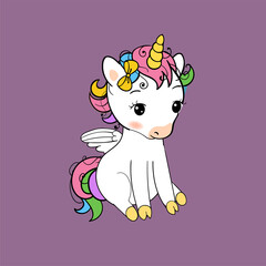 Cute little unicorn sitting print. Baby Unicorn isolated vector icon. Fantasy horse sticker, patch badge. Magic cartoon animal. Rainbow horn, pink hair. Dream symbol.