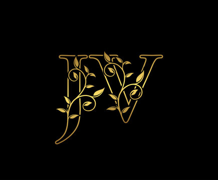 Classy letter J and V, JV  vintage decorative ornament emblem badge, overlapping monogram logo, elegant luxury gold color on black background.
