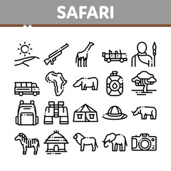 Safari Travel Collection Elements Icons Set Vector Thin Line. Animal And Africa, Car And Tree, Human Silhouette And Hat Safari Adventure Concept Linear Pictograms. Monochrome Contour Illustrations