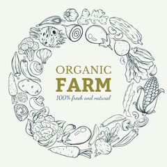 different vegetables vector frame with wreath shape. Natural fresh vegetables, label for market. Vegeterian set. Hand drawn sketch style