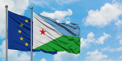 European Union and Djibouti flag waving in the wind against white cloudy blue sky together. Diplomacy concept, international relations.