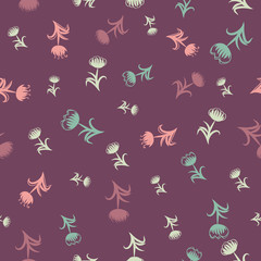 A seamless vector pattern with doodle tulips on a violet background. Girly surface print design. Great for cards, wrapping paper and fabrics.