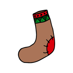 Winter sock. Hand drawing. Colorful outline on white background. Picture can be used in christmas and new year greeting cards, posters, flyers, banners, logo etc. Vector illustration. EPS10